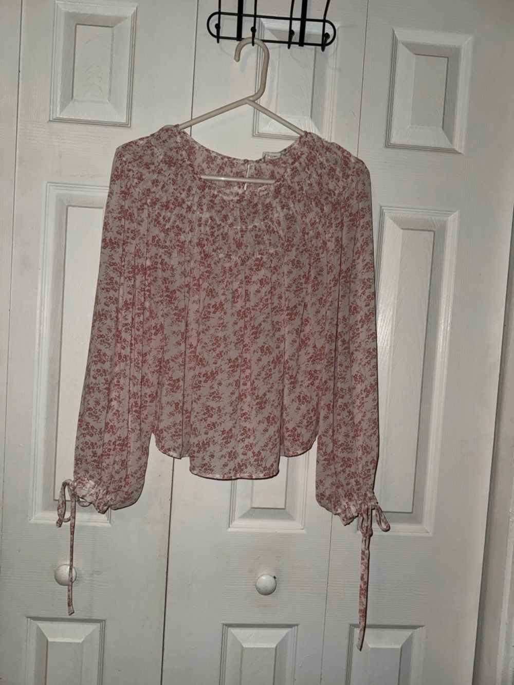 Love Riche Sheer Peach Floral Tie-Cuff Blouse